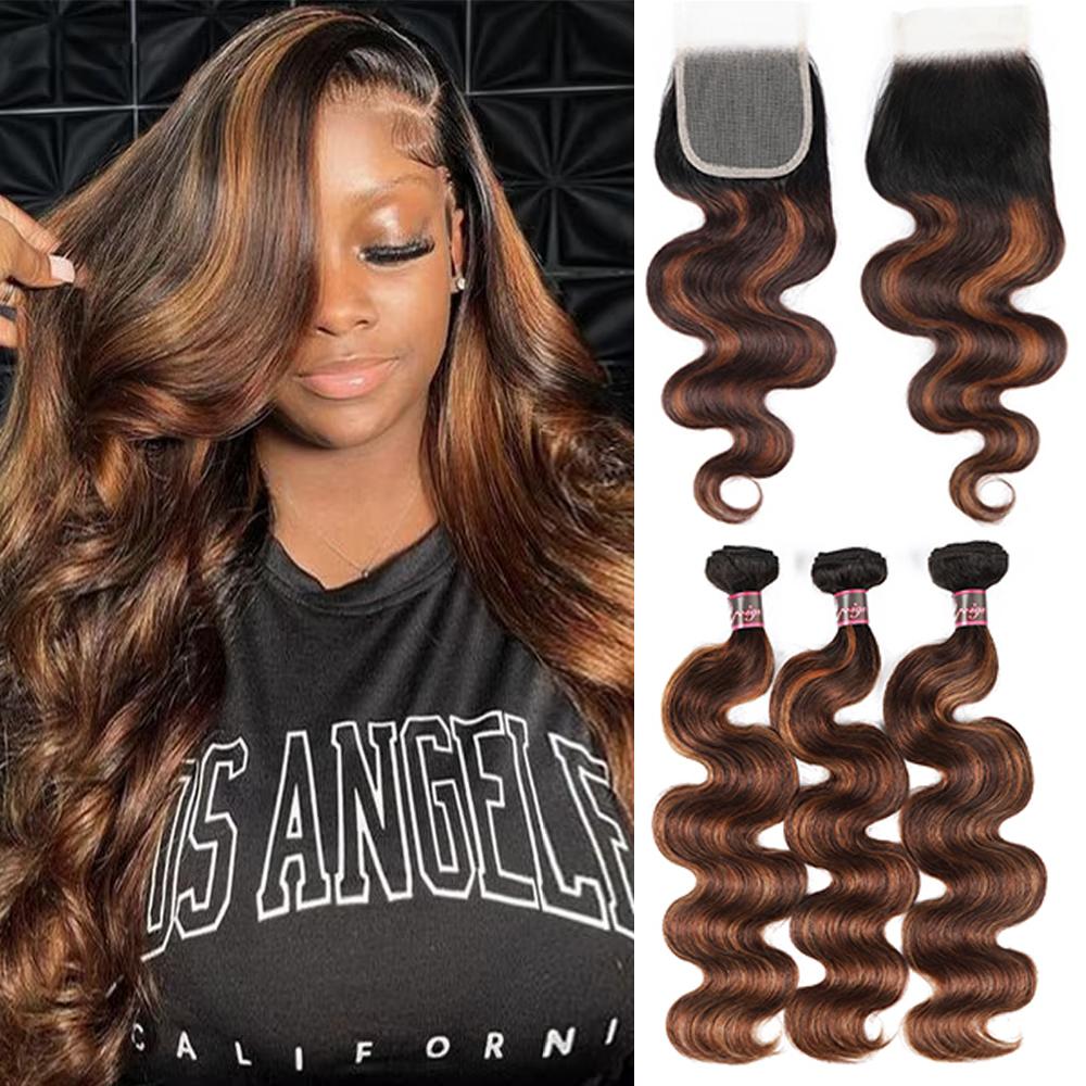 Uwigs FB 30 Highlight Body Wave Bundles With 4×4 Closure Colored Human Hair Weave Hair Extensions For Women