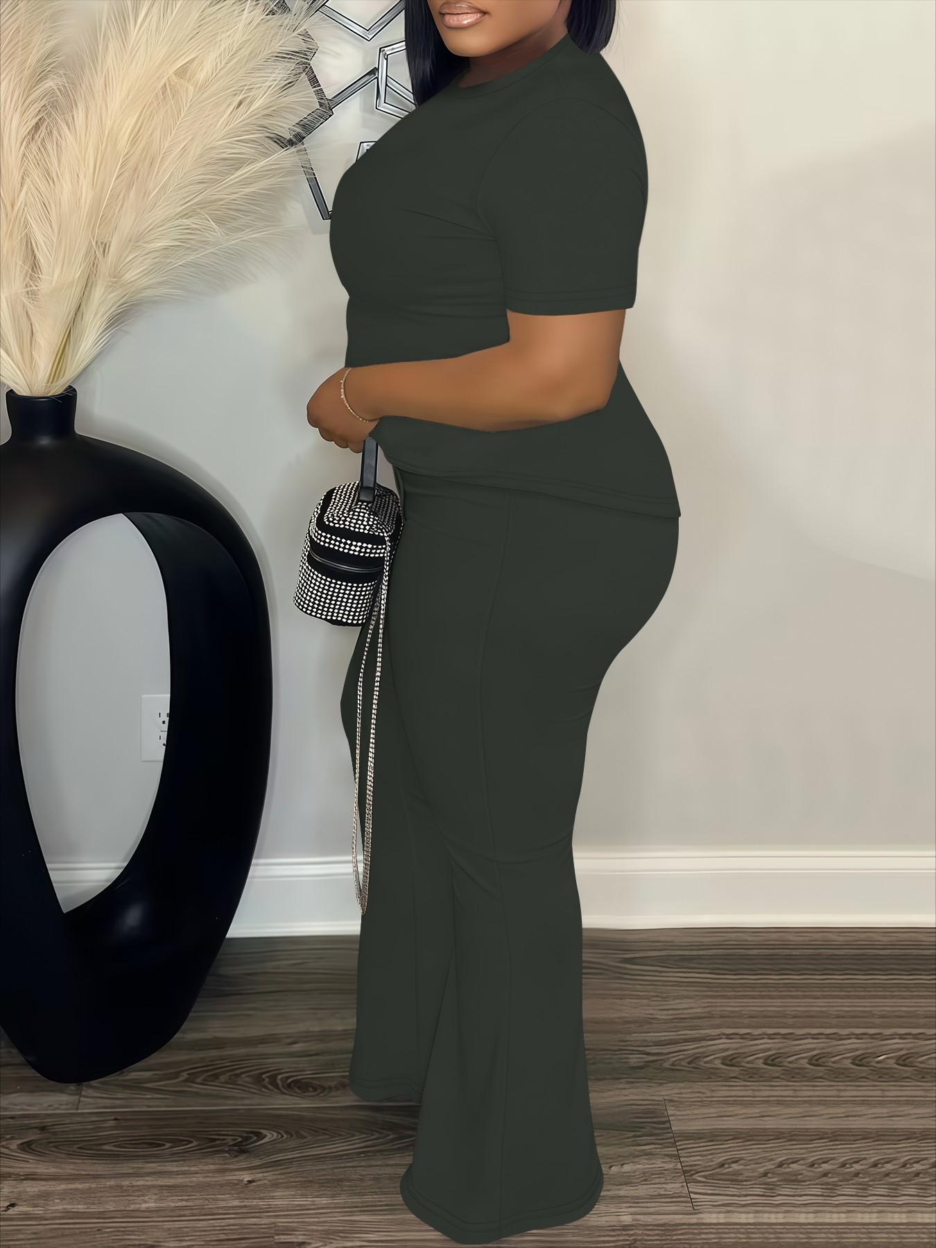 Women's Fashion Casual Short Sleeve Set, Plain Loose-Fitting High Waist Pants & Top, Spring & Fall, Plus Size