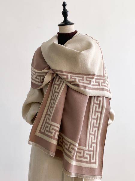 Geometric Print Textured Blanket Scarf with Fringe Trim, Soft Warm Shawl for Fall & Winter, Fashion Accessory for Women & Girls