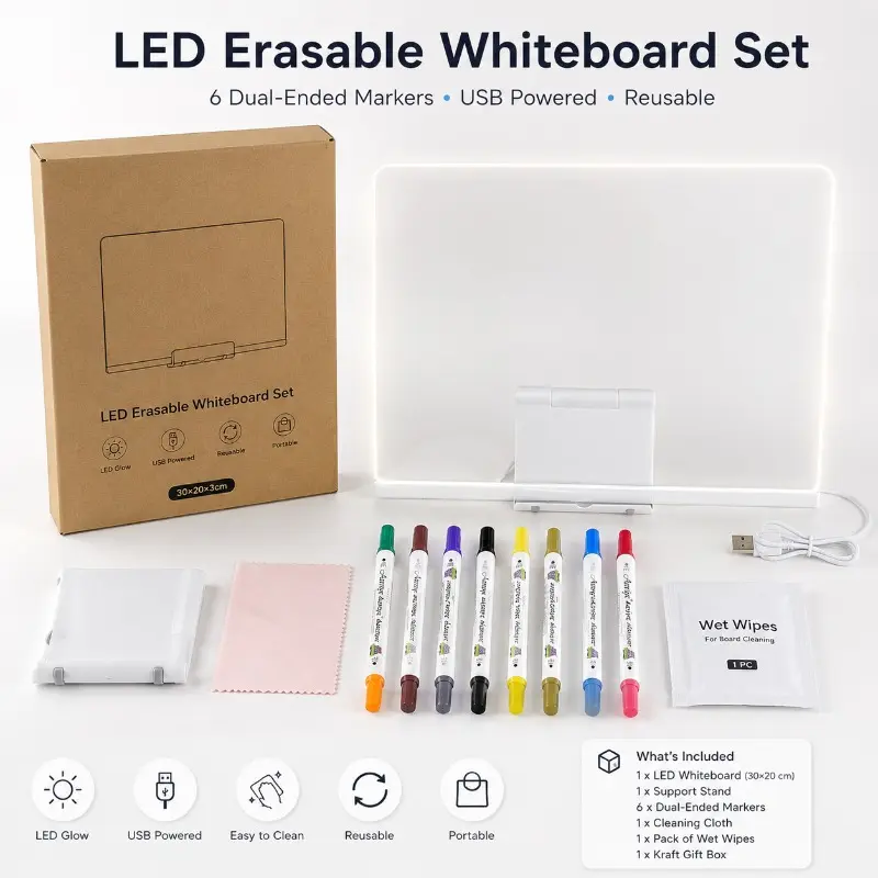 Back to school shopping-Light Up Erasable Clear Whiteboard Gift Set, LED Edge Lit Transparent Acrylic Drawing Board,6 Dual-Tip Dual-Color Acrylic Markers, Foldable Display Stand, Wipes, Cleaning Towel & USB Cord,Ideal Present for School & Desktop Decor