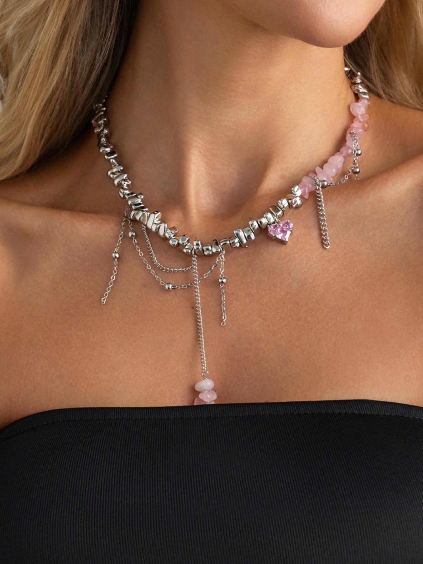 Vintage Acrylic Beaded Necklace, Gemstone Heart Pendant, Bohemian Fringe Necklace, Casual Style, Perfect for Daily Wear and Gifts