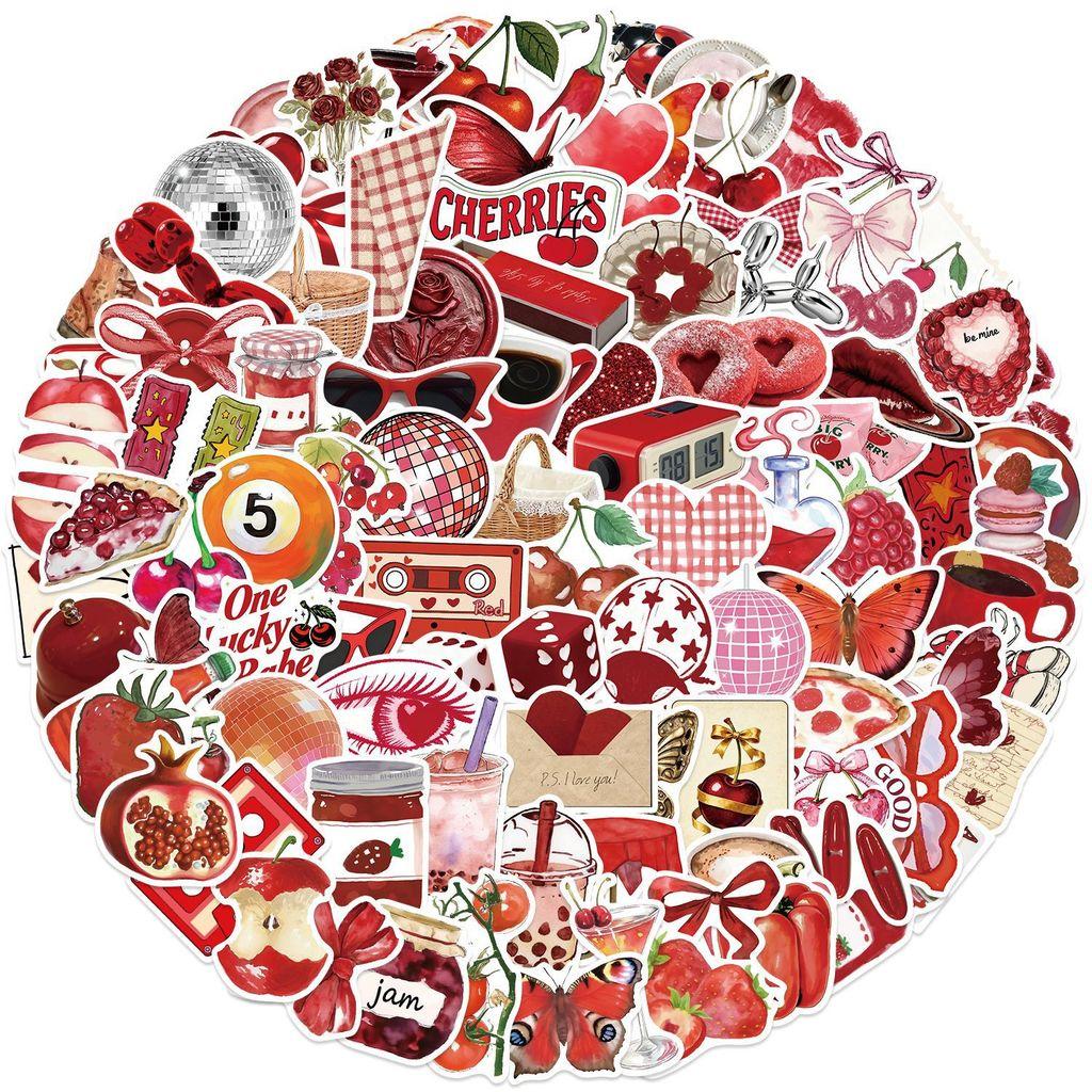 100Pcs Red Cherry Girl Retro Aesthetic Graffiti Stickers Waterproof PVC Decals for Guitar