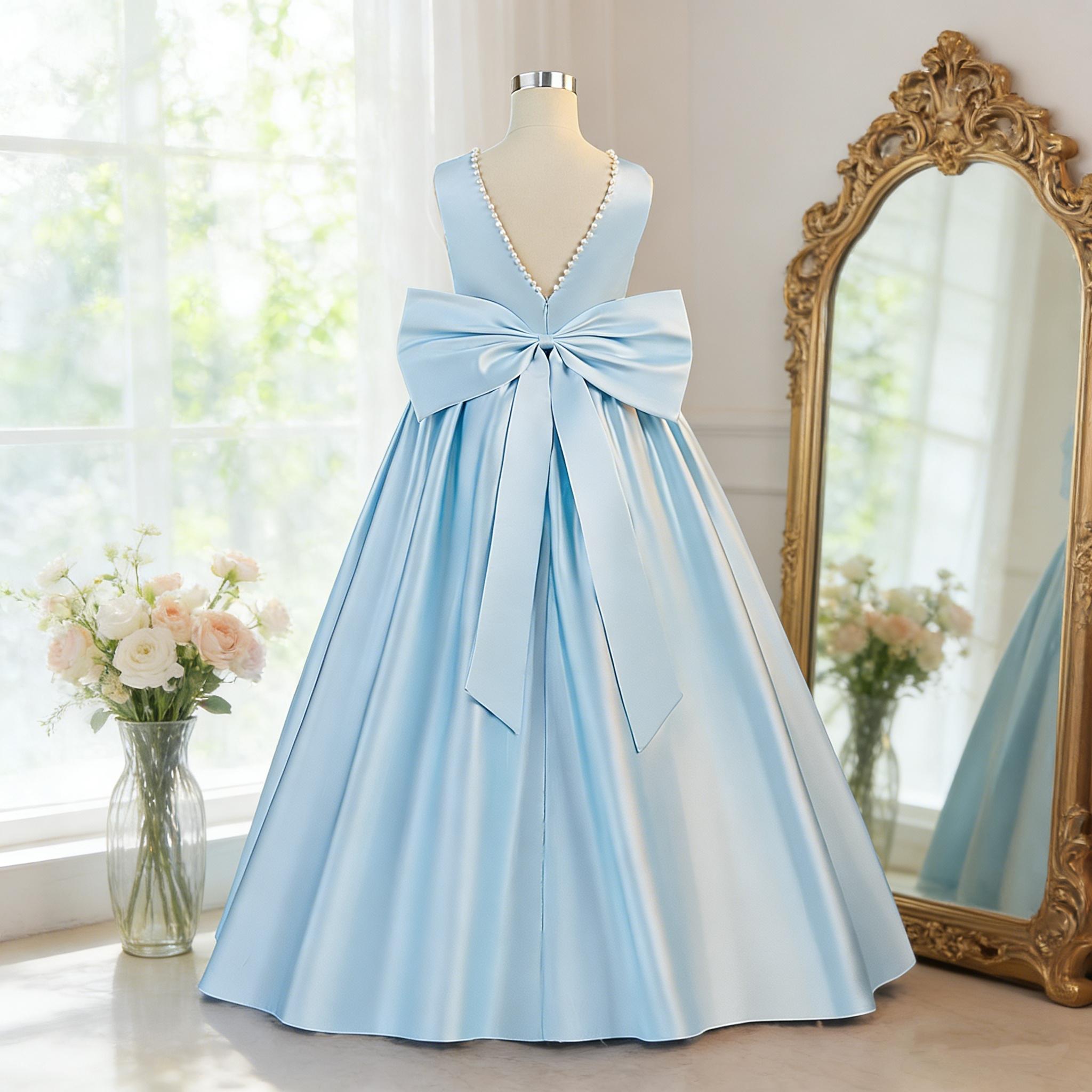 Girls Princess Dress  Bow Beading Ball Gown for Piano Playing Violin Performance Performance Costume Children's Hostess Fashion Show Dress