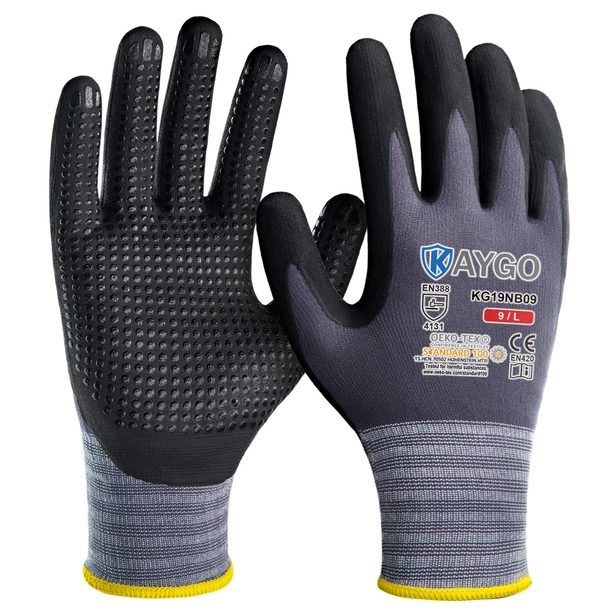 KAYGO Work Gloves MicroFoam Nitrile Coated KG19NB, Seamless Knit Nylon Safety Work Gloves with Micro Dots on palm, Ideal for General Purpose, Automotive, Home Improvement, Painting Protector