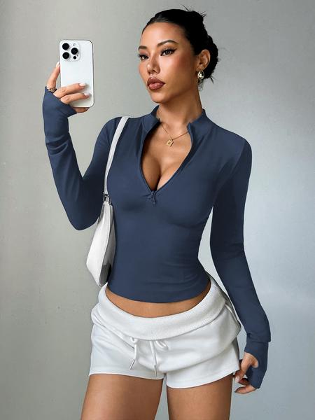 Women's Half-Zip Thumb Hole Sports Jacket, High Elastic Breathable Comfort Fashion Yoga Top, Stand Collar Outerwear Sportswear, High Elasticity Jacket