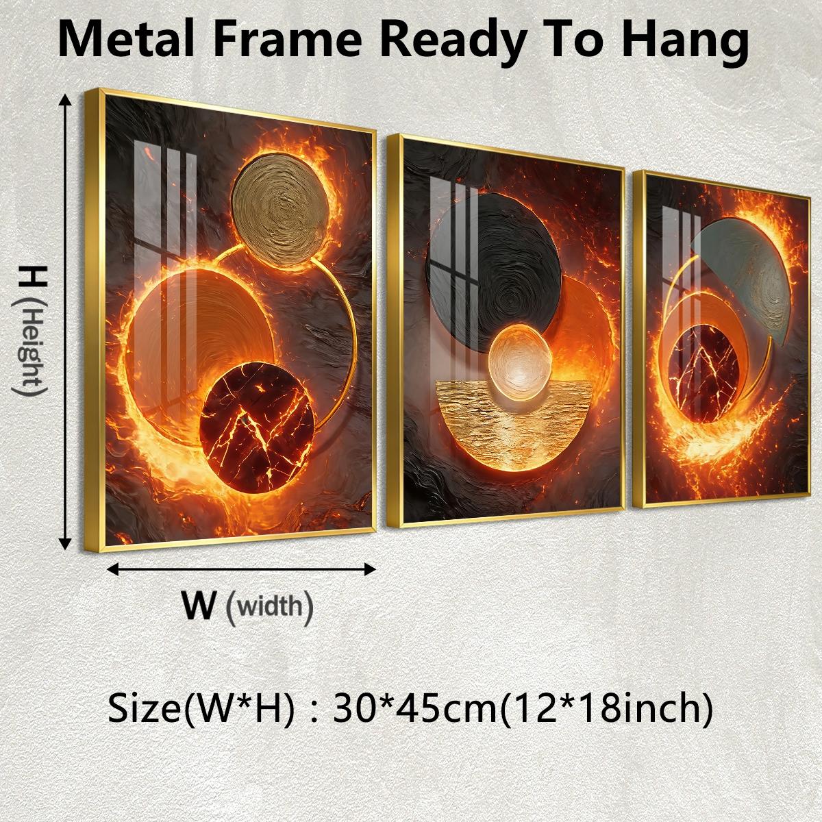 3 Counts Aluminum Alloy Framed Painting, Abstract Fire And Lava Geometry Pictures, Home Decoration For Living Room, Bedroom, Office, Restaurant, Hallway Wall Decor, Odorless Print Artwork, Luxury Perfect Gift For Friends And Family