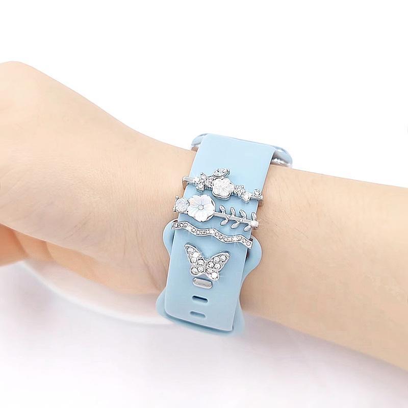Crystal Rhinestone Flower & Butterfly Decorative Charms - Personalized Accessories for Silicone Watch Bands, Universal Ornament Rings for Smart Watches