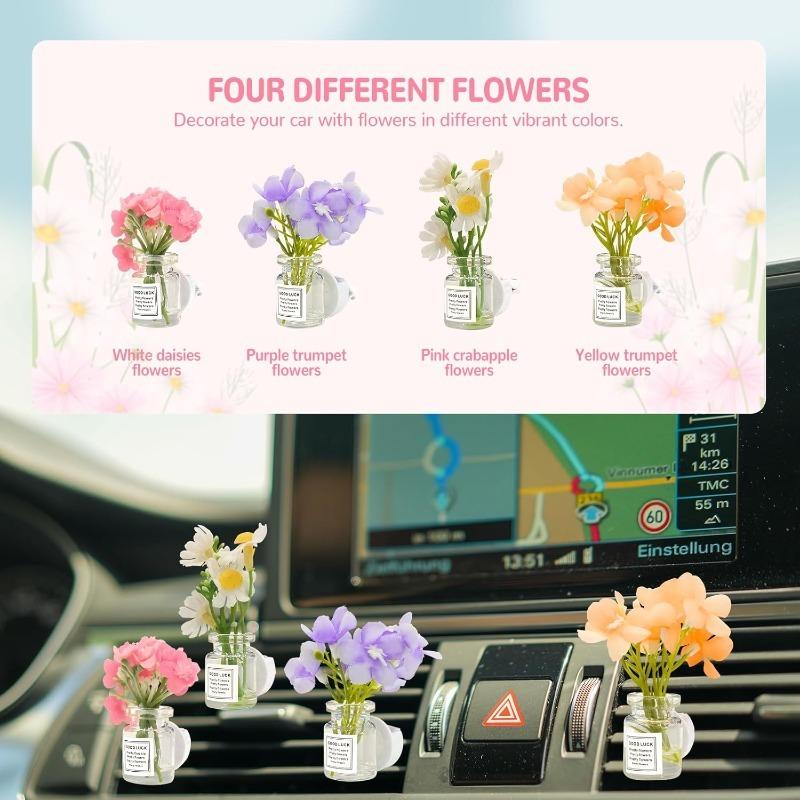 4 Pack Flowers Car Vent Clips, Cute Daisy Plants Vase Air Conditioning Outlet Clip with Fragrance Pads, Charm Scent Perfume Automotive Interior Decorations for Women;Automotive interior accessories