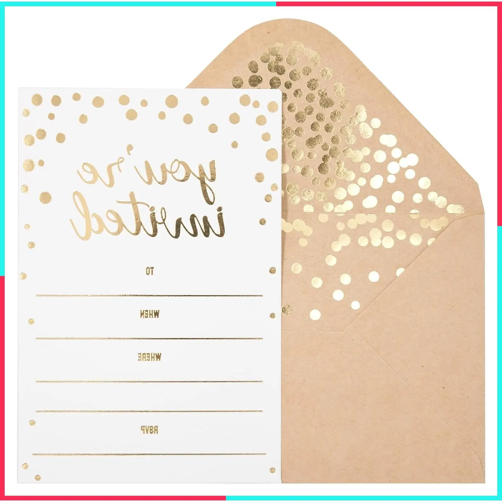 50 Pack Invitation Card - Elegant Greeting Cards "You are Invited" in Gold Foil Letters for Wedding, Bridal Shower, Baby Shower, Birthday Invitations - 52 Kraft Envelopes Included - 4" x 6"