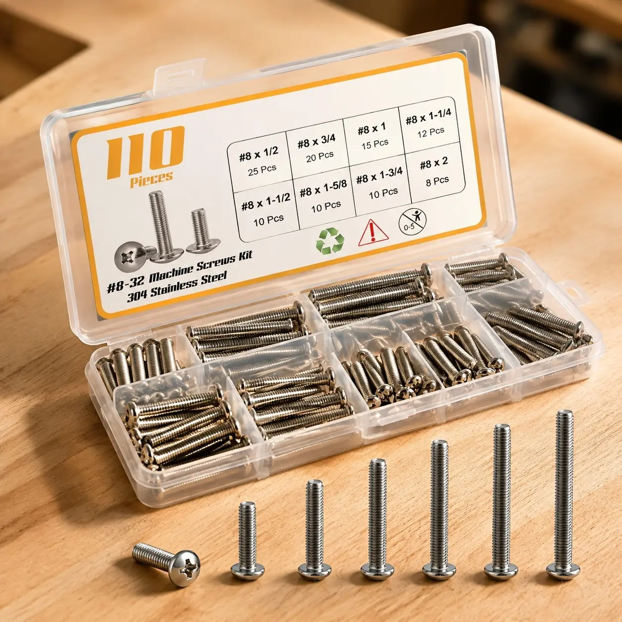 110Pcs Machine Screws Assortment Kit, 1/2 to 2 Inch Long #8-32, 304 Stainless Steel Phillips Pan Head Screws Bolts for Electrical Wall Socket and Household Repairs
