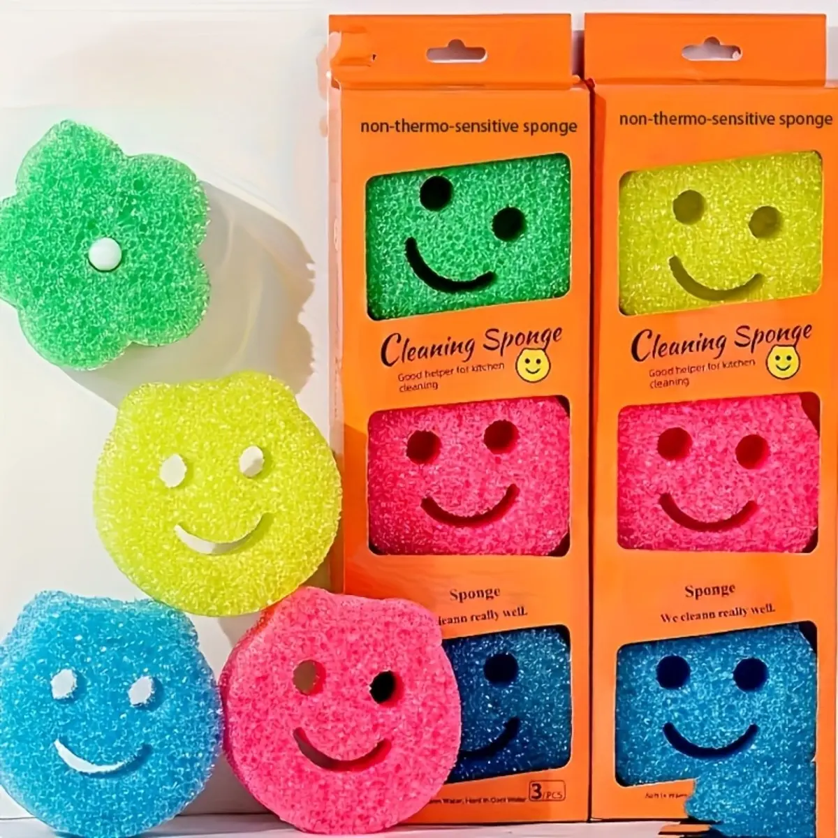 10 Pack Random Color Smile Face Cleaning Sponges Extra Thick High Density Scouring Pads with Hanging Hole Soft Durable Multipurpose Scrub Sponge for Kitchen Bathroom Household Non Scratch Heavy Duty Stain Remover
