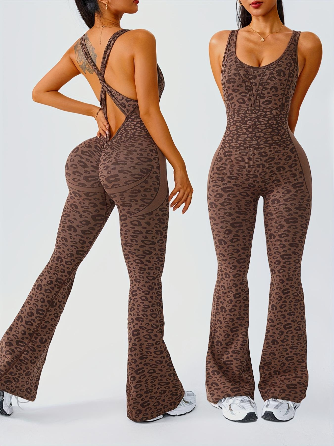 Women's Leopard Print Yoga Jumpsuit, Cross Strap Design, Long Sleeve Slim Fit, Casual Fashion for All Seasons, Comfortable Wear at Home, Sporty Comfy Jumpsuit
