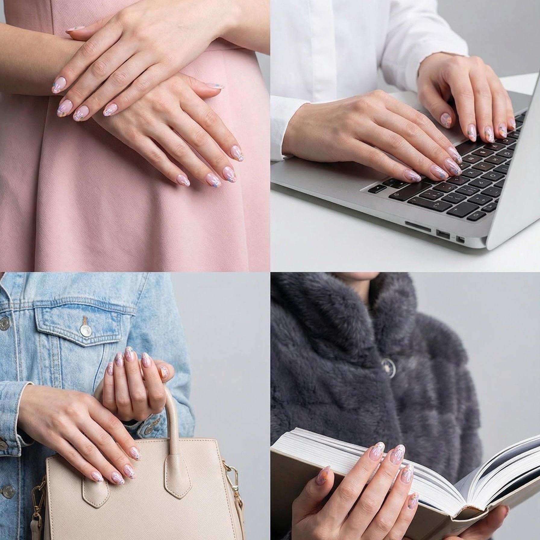 Handmade False Nails, 24-Piece Set, Bunny Design, Romantic and Elegant, Perfect for Daily Dates and Special Occasions