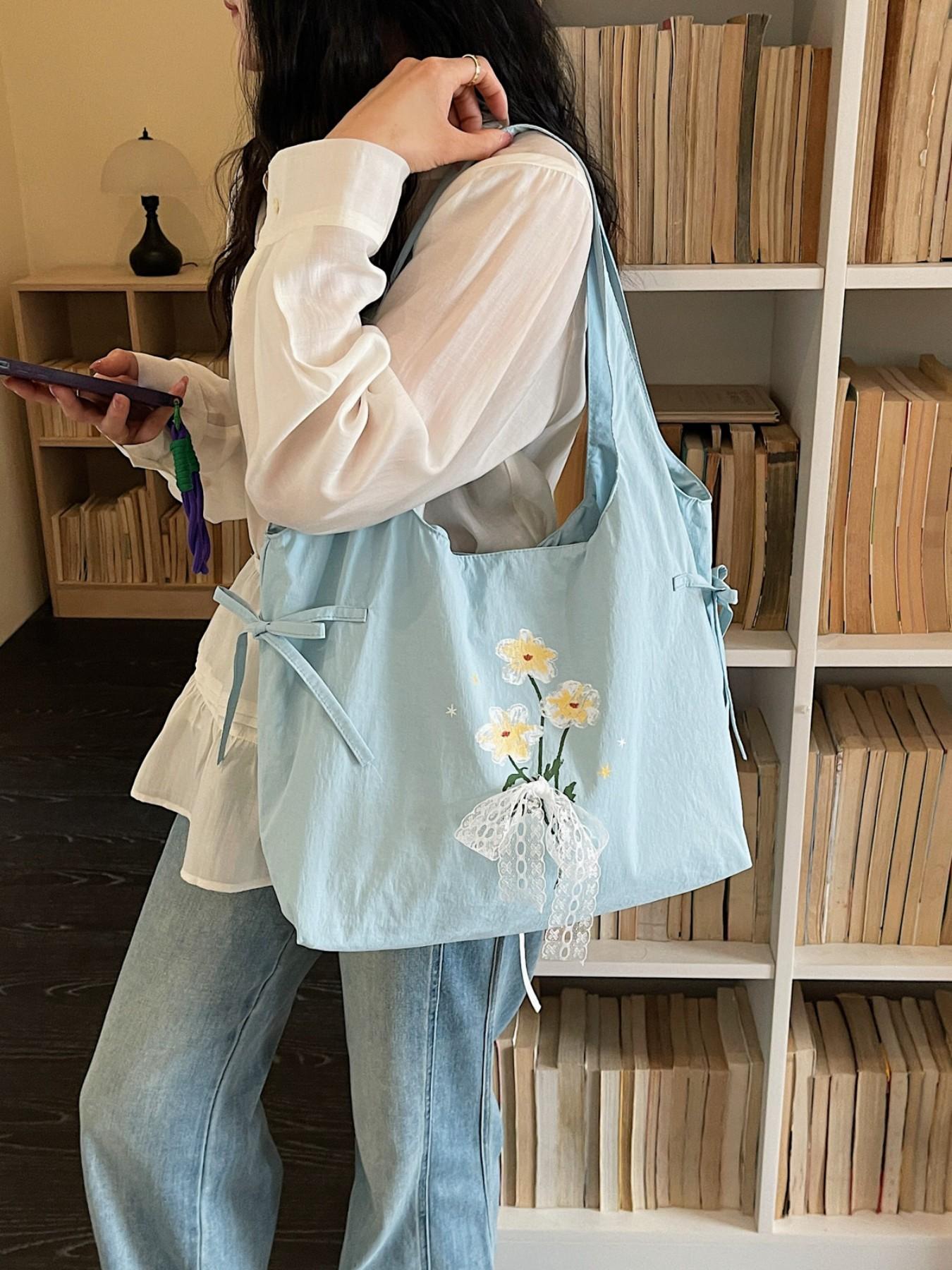Lightweight Nylon Tote Bag, Floral Butterfly Knot Design, Casual Sweet Shoulder Bag, Ideal for Shopping and Daily Use, Perfect for Students