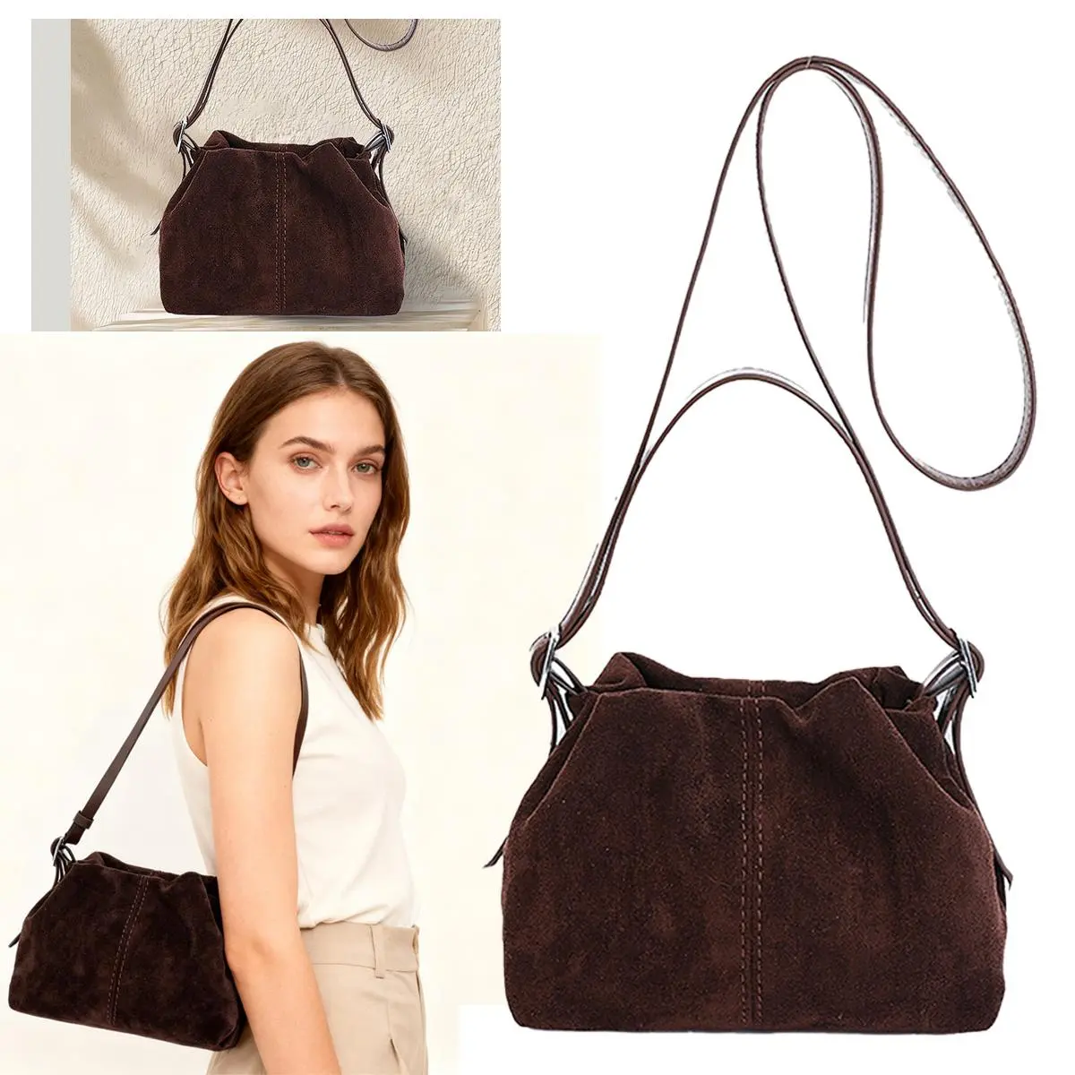 Drawstring Crossbody Bag – Brown Suede & PU Leather, 3 Ways to Wear (Shoulder, Crossbody, Top Handle), Adjustable Strap Up to 44.8 Inches, Compact Everyday Purse for Women, Casual Travel Shopping Essential Christmas Gifts