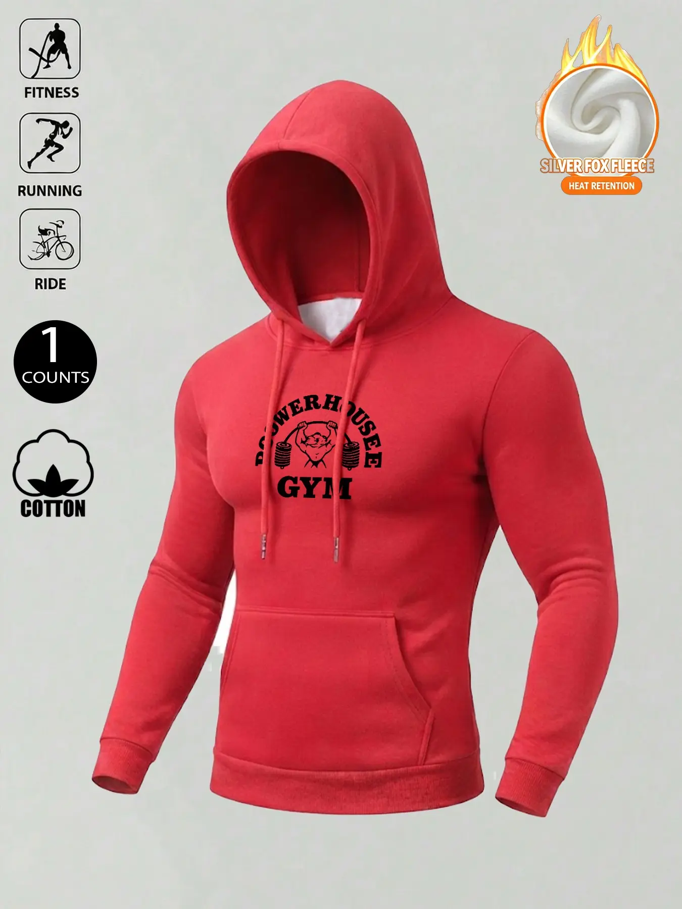 Men's Cotton Silver Fox Fleece Lining Muscle Fit Gym Hoodie, Powerhouse Gym Weightlifting Print Pullover, Versatile Streetwear Gym Wear  Gothic