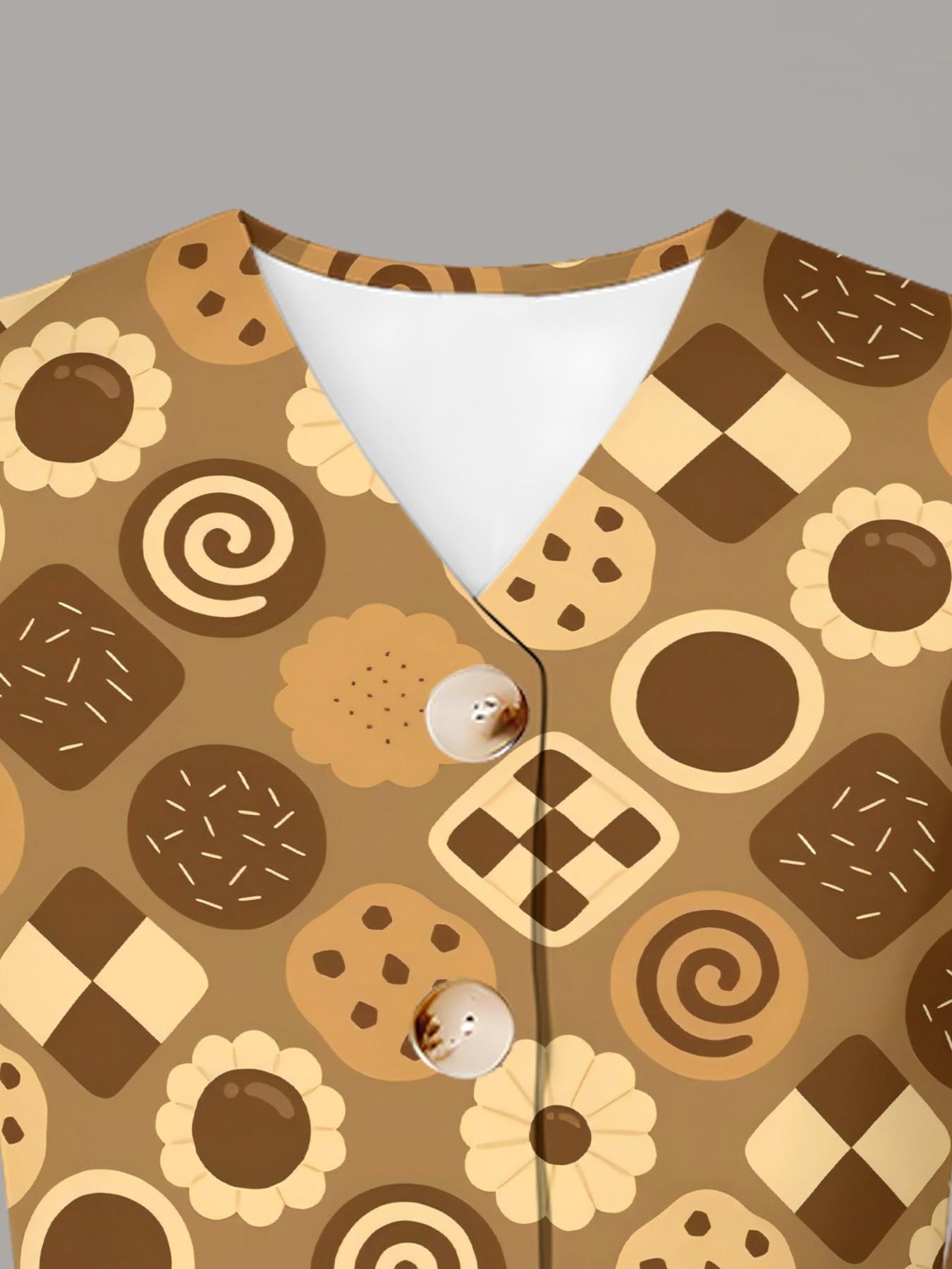 Caramel Cookie Print Vest Set, Soft Cute Style, Casual Streetwear, Fitted Without Collar, All over Print, Perfect for