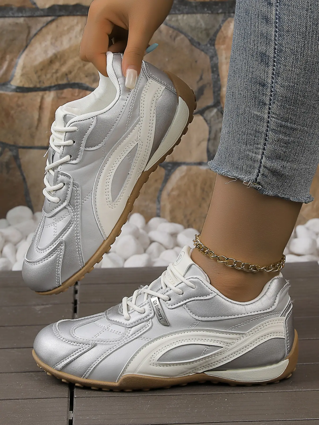 Vintage Patchwork Track Shoes for Women, Lace-Up Soft Sole Lightweight Running Shoes, Daily Commute Casual Sports Shoes