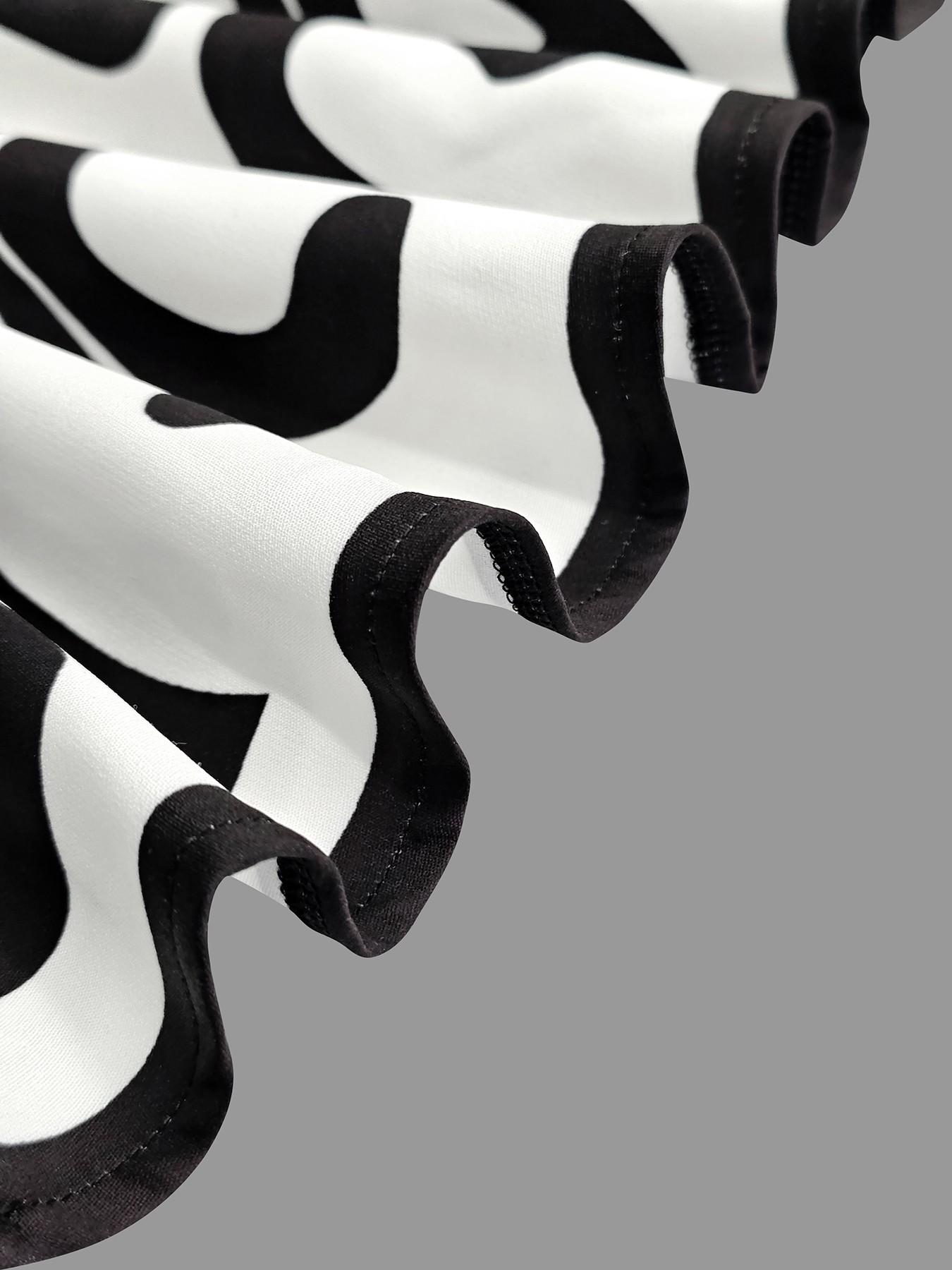 Women's A-Line Flare Sleeve Abstract Print Colorblock Cut-Out Patchwork Stand Collar Long Dress, Elegant Casual Fashion