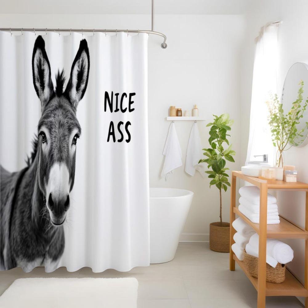 Funny Donkey Shower Curtain, Nice Ass Text Hilarious Farmhouse Fabric Bath Decor with Hooks, Gag Gift for Him or Her