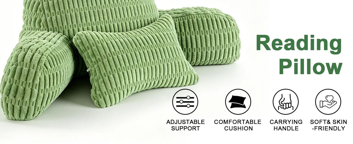 Reading Pillow for Bed, Back Rest Bed Pillow for Sitting Up(Green,Standard)| Back Pillows for Bed Sitting Up with a Cylindrical Pillow and Lumbar Pillow, Sitting Pillow for Bed Chair Pillow,18in