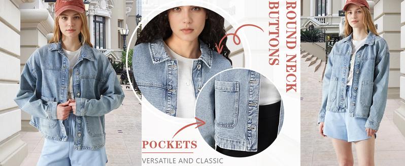 Hixiaohe Women Jean Jackets Oversized Long Sleeve Coat Fashion Clothes Trendy Button Up Denim Shirt Jacket  with Pockets TikTokShopBlackFriday