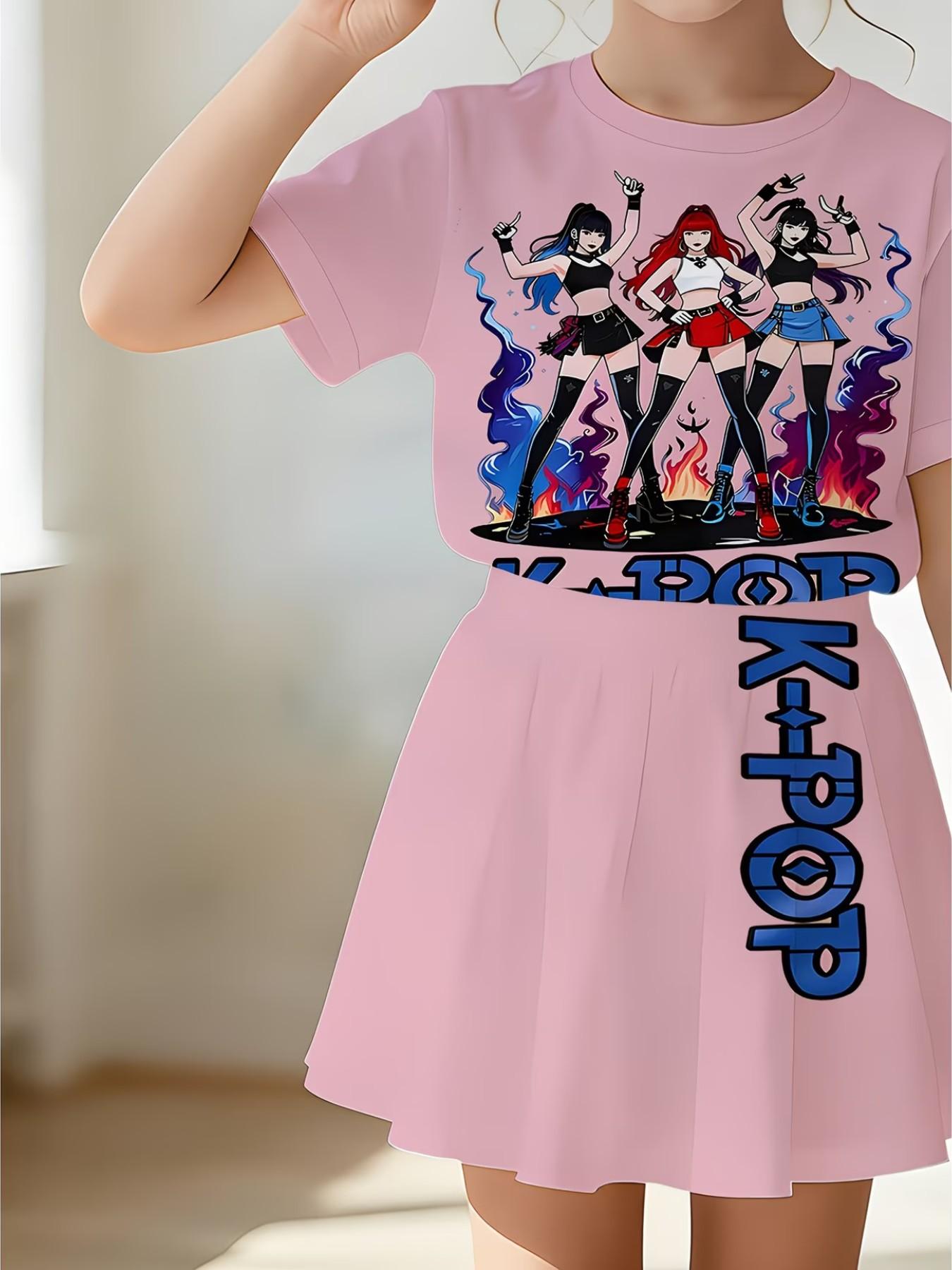 Girls' 3D Cartoon Print Top and Skirt Set, Summer Casual, Round Neck Short Sleeve, Two-Piece Suit, Daily Wear