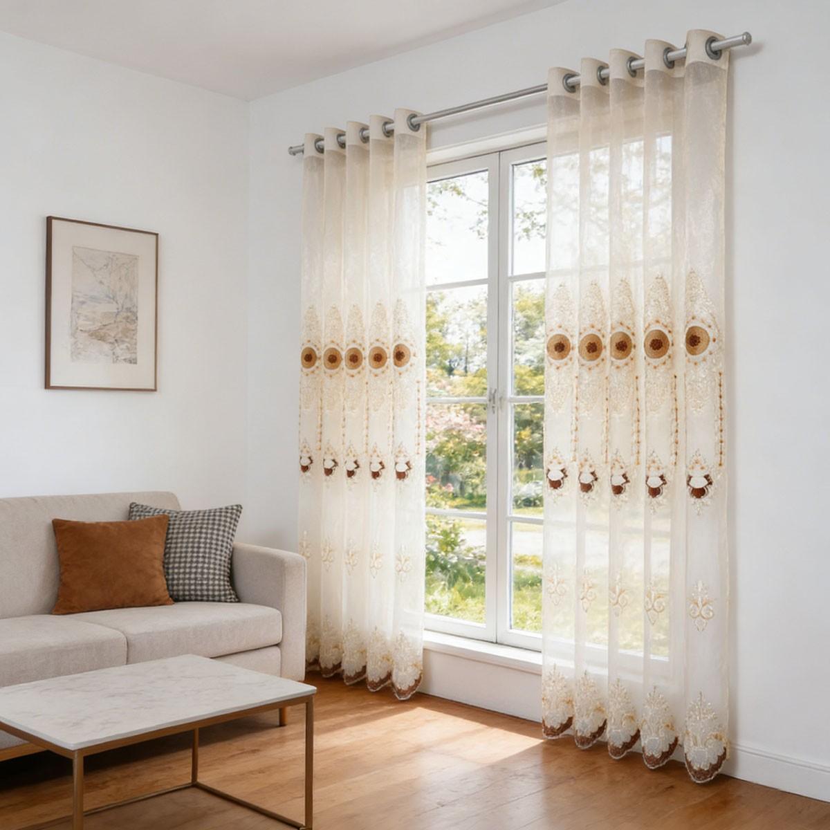 2pcs European Luxury Rice Gold Heavy Embroidered Sheer Curtain, Living Room Floor-To-Ceiling High Transparency Window Shade, Pierced Cream Style Balcony Curtain