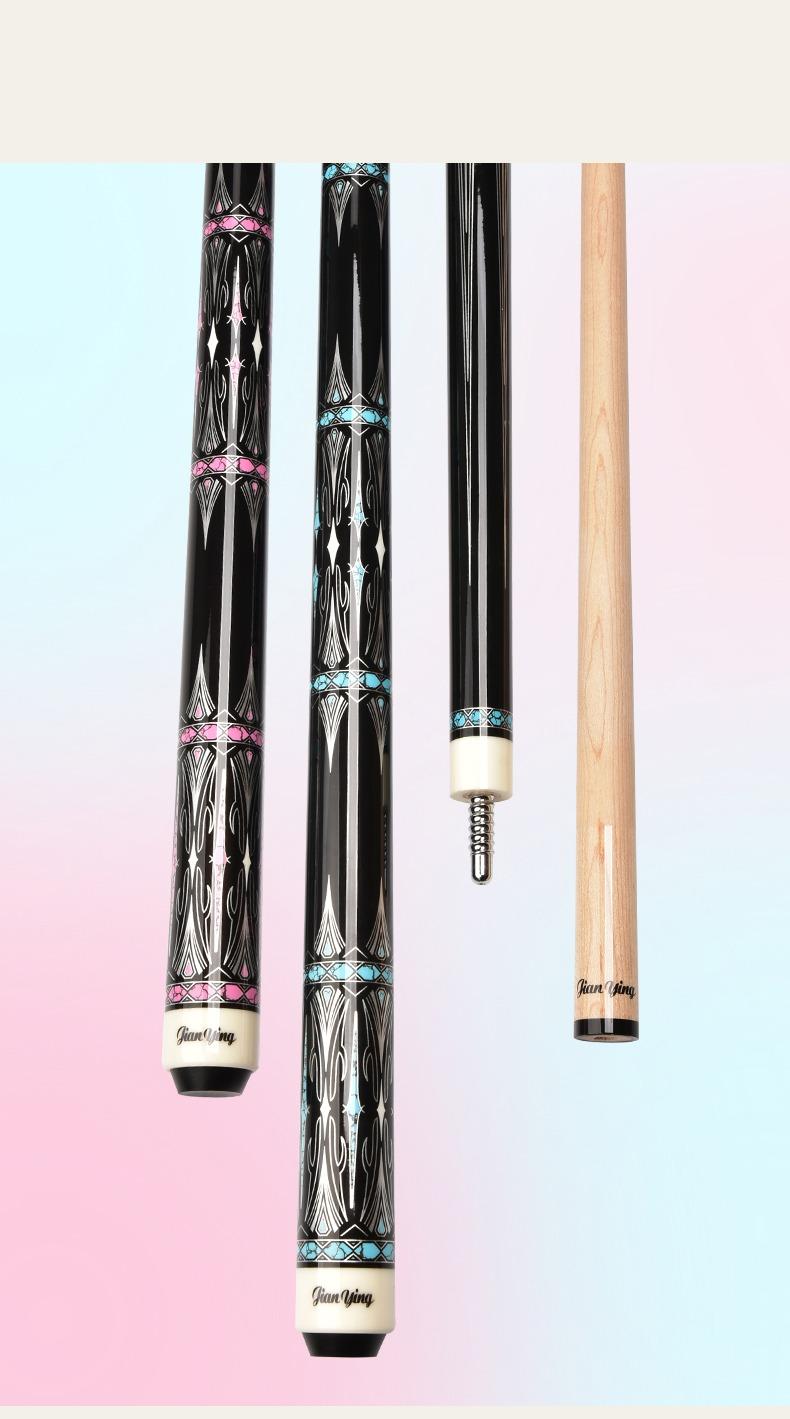 JIAN YING Premium Billiards Cue Set with Leather Case 1/2 Split 12.5mm Tip 18-20oz Weight 58 Inches Length Black Pink Pattern Includes Cue Glove & Chalk