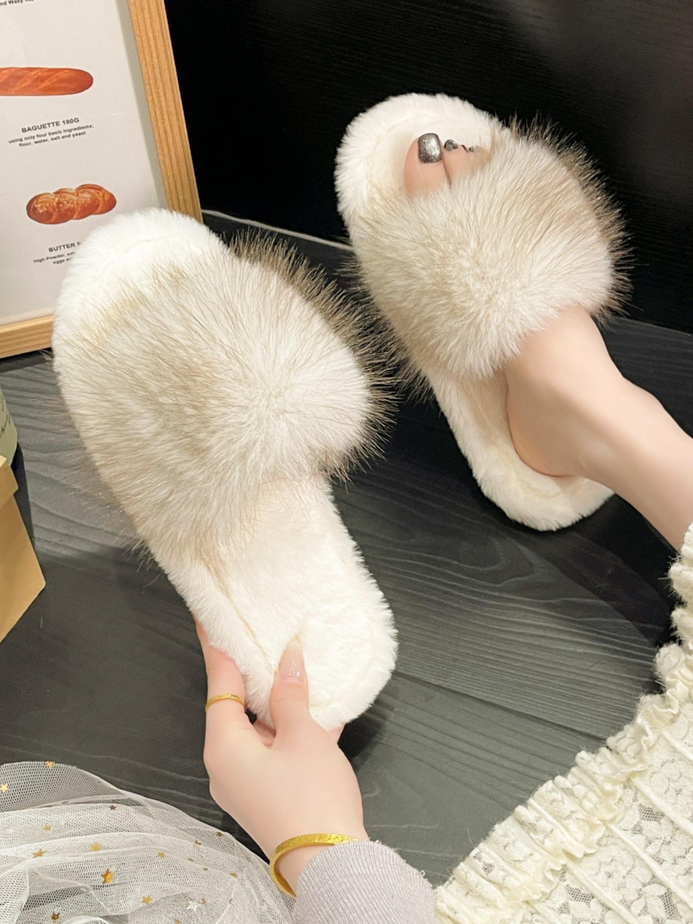 Pure Color Plush Slippers, Comfortable Soft Shoes for Women and Girls, Fashion Trendy Design, Open-Toe Wedding Shoes