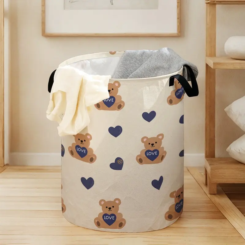 Valentine's Day Toy Bear Print with Handle, Durable Halloween Foldable Dirty Clothes Storage Bin, Large Capacity, Collapsible Laundry Hamper