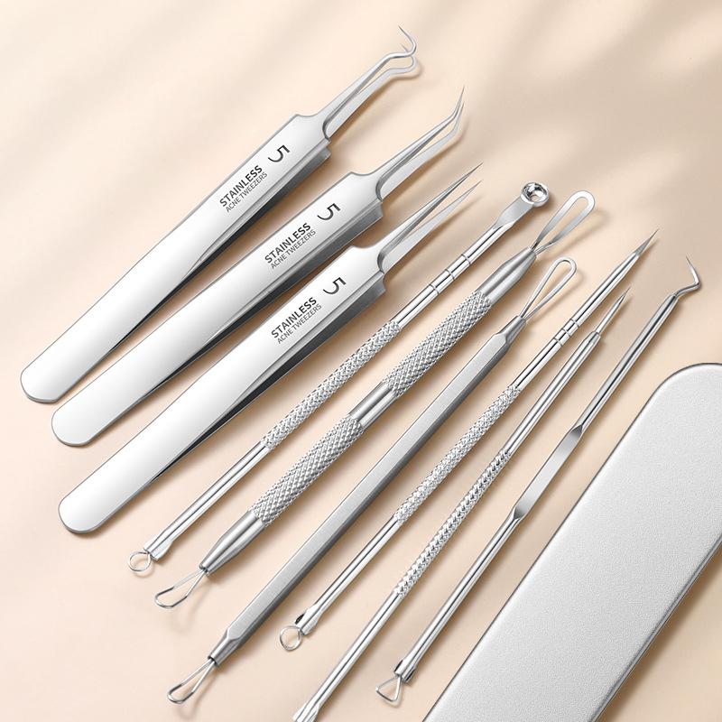 Professional Blackhead Extractor Kit, 9PCS Stainless Steel Blackhead Tweezers & Facial Care Tools with Portable Storage Box