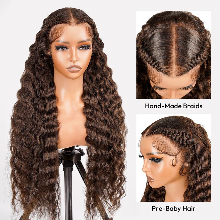 [West Kiss] Pre Braided Wig Dark Brown Deep Wave Glueless 13x4 Lace Front Wig Pre Styled Ready To Go Human Hair Wig Beginner