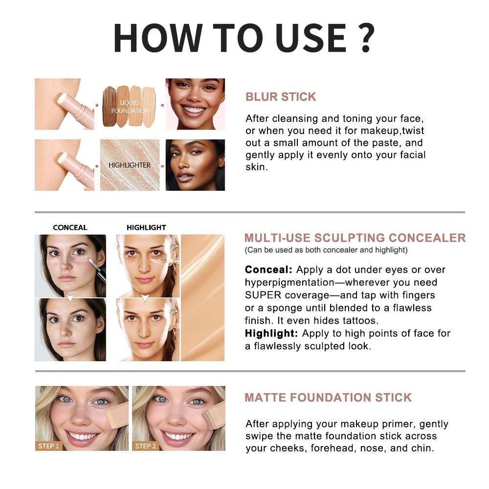 Face Base 3 in 1, Pore Minimizing Primer Stick + Multi-Use Concealer & Highlighter (Dual-Use) + Matte Foundation Stick with Brush, Long-Lasting Makeup Set, Waterproof & Sweat-proof, Full Coverage, Flawless Base Makeup Face Makeup Sets