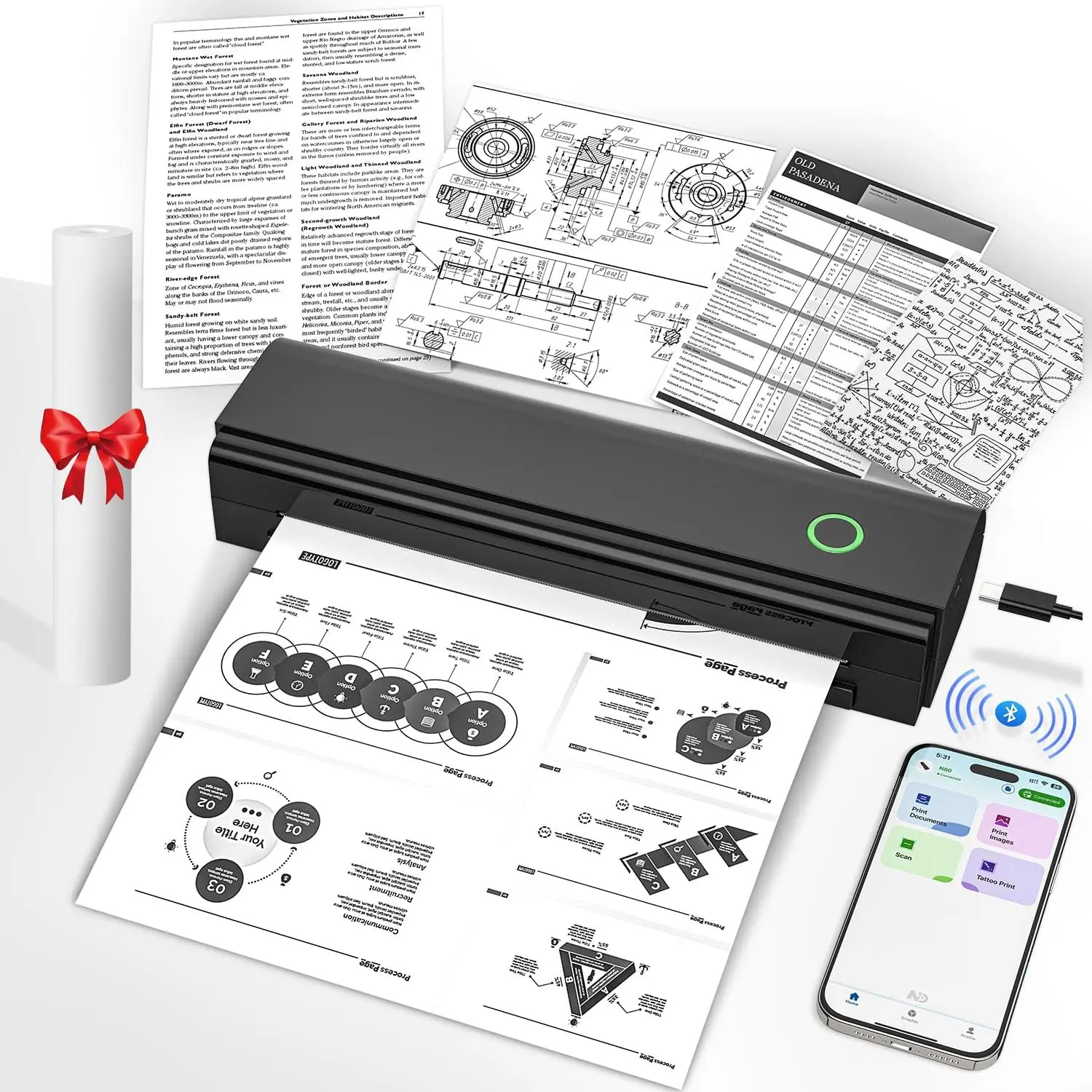 Portable Printers Wireless for Travel, Bluetooth Thermal Printer| Supports 8.5" x 11" US Letter & A4 Size, Inkless Mobile Printer Work with Android iPhone Laptop for Home Office School
