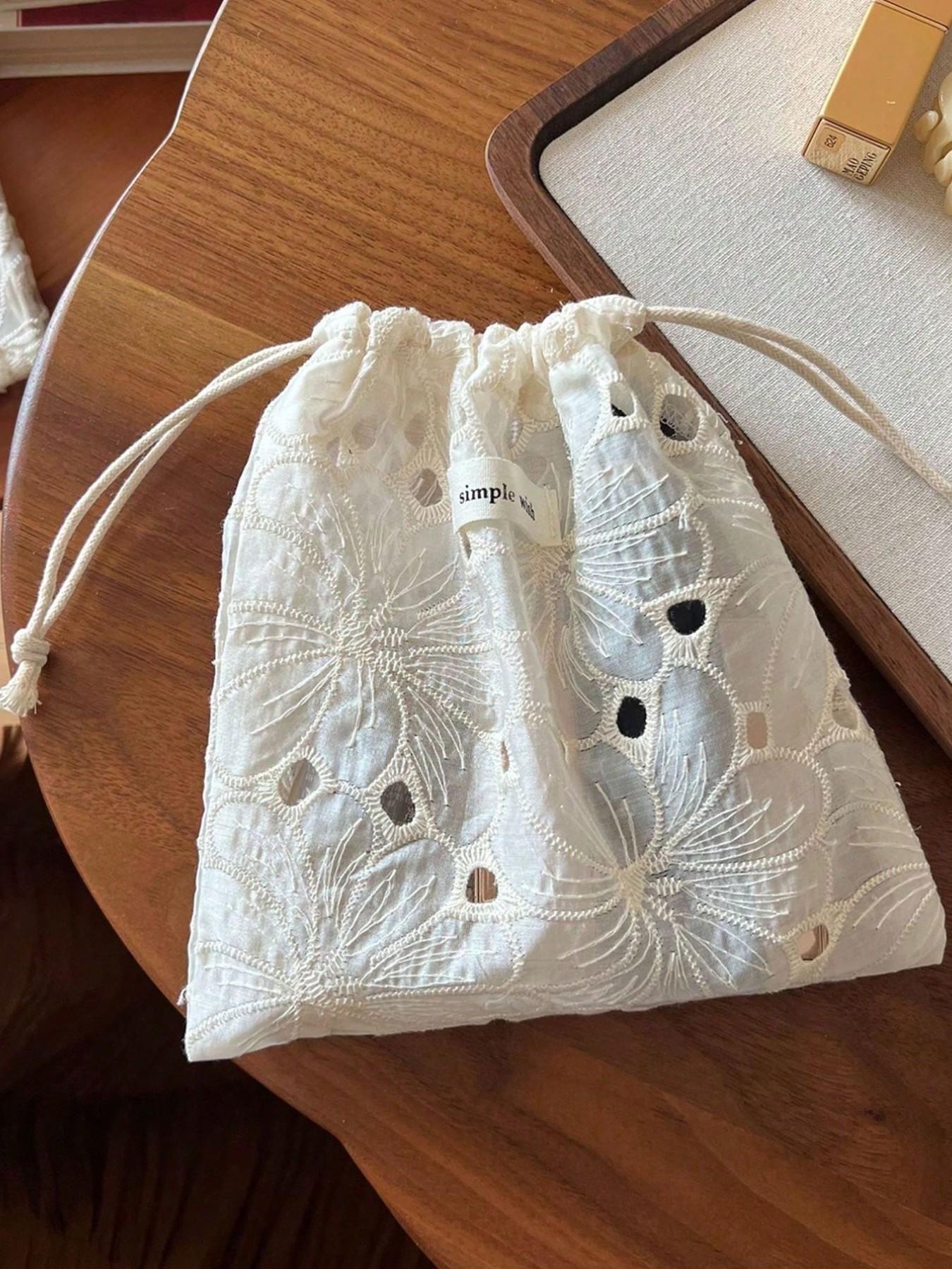 Vintage Art Apricot Lace Embroidered Makeup Bag, Single Layer Drawstring Small Pouch, Large Capacity Portable Storage Bag, Travel Essential Gift Bag