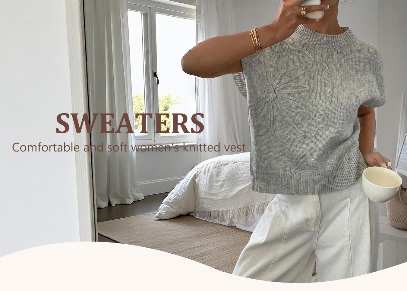 Women's Plain Flower Jacquard Semi-sheer Cable Knit Top, Casual Sleeveless V Neck Knitwear for Daily Wear, Ladies Clothes for All Seasons