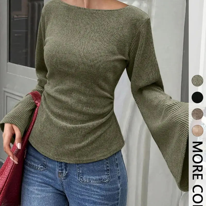 Women's Wide Boat Neck Drop-Shoulder Bell-Sleeve Ribbed Knit Top, Slim-Fit Ruched-Waist Long-Sleeve Top, Feminine Chic Everyday Top, Knitwear
