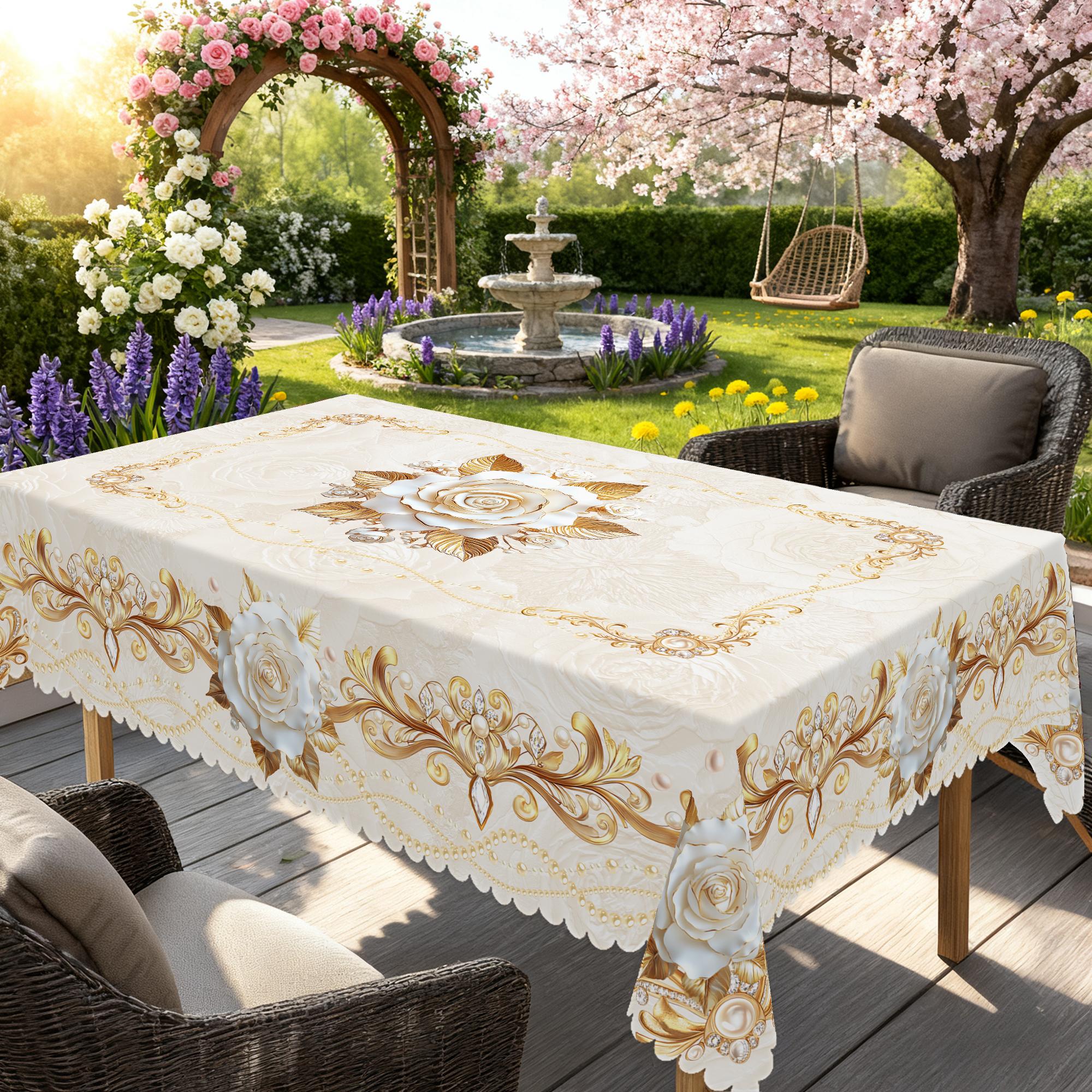 PUFMATE Floral Tablecloth, French Elegant Floral Print Tablecloth, Rectangle Round Multiple Sizes Table, New Year Party Decor, Outdoor Gardens, Festive Gatherings, Valentine's Day, Restaurant Banquet Decorations, Family kitchen Room Decorating