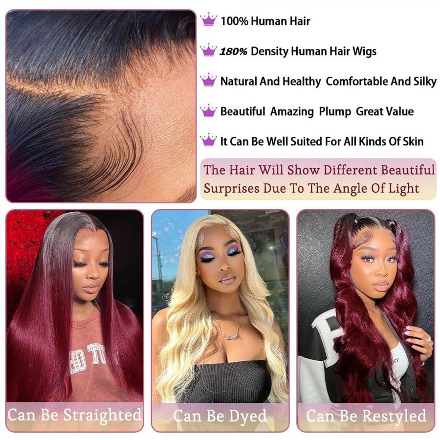 Bling Hair Glueless Wig Human Hair 5x5 Body Wave Lace Closure Wig T1B/99J Color 24 26 28Inch Body Wave Wigs Human Hair 180 Density