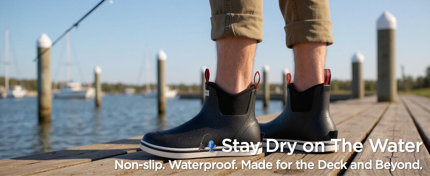 SUREWAY Men's Deck Boots Professional Non-Slip Fishing & Ankle Boating Boot Waterproof Rain Boots, Lightweight Neoprene Rubber Deck Boots