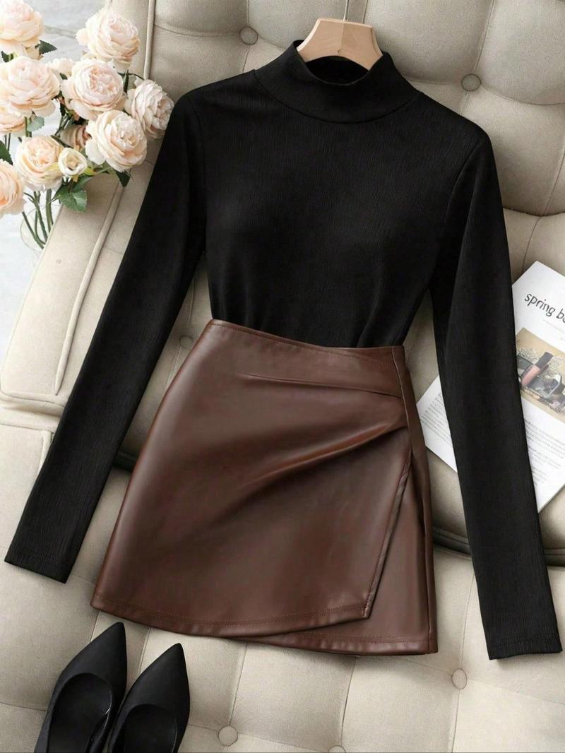 Women's Elegant Knit Commuter Set, Top and Skirt, Fall Winter Fashion, Two-Piece, Office Wear
