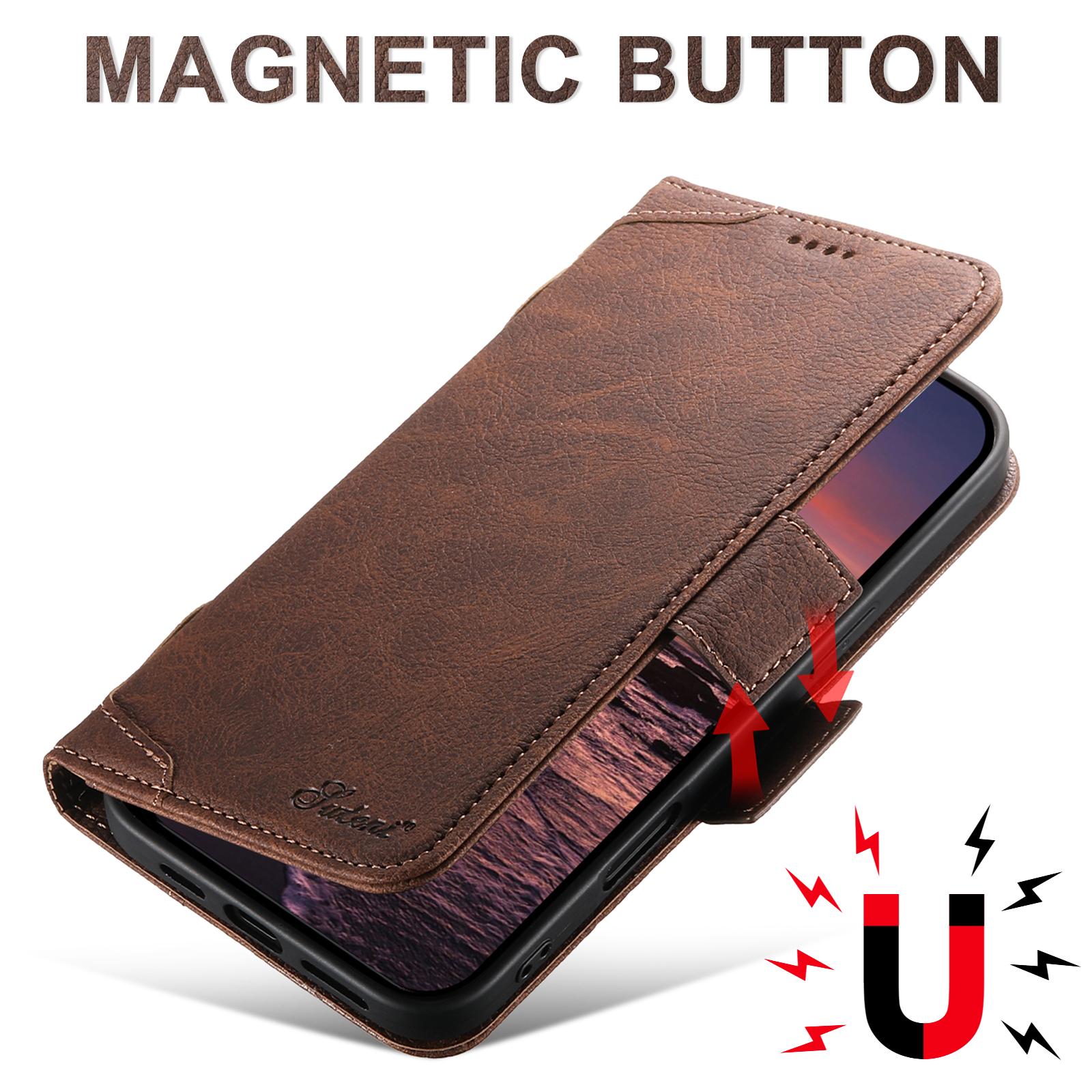 SUTENI Wireless Charging Faux Leather Card Holder Stand Wallet Magnetic Button Flip Cover Phone Case For iPhone 17 Pro Max 16 Plus 15 14 13 12 For Unisex Relatives Friends And Elders Holiday Gift