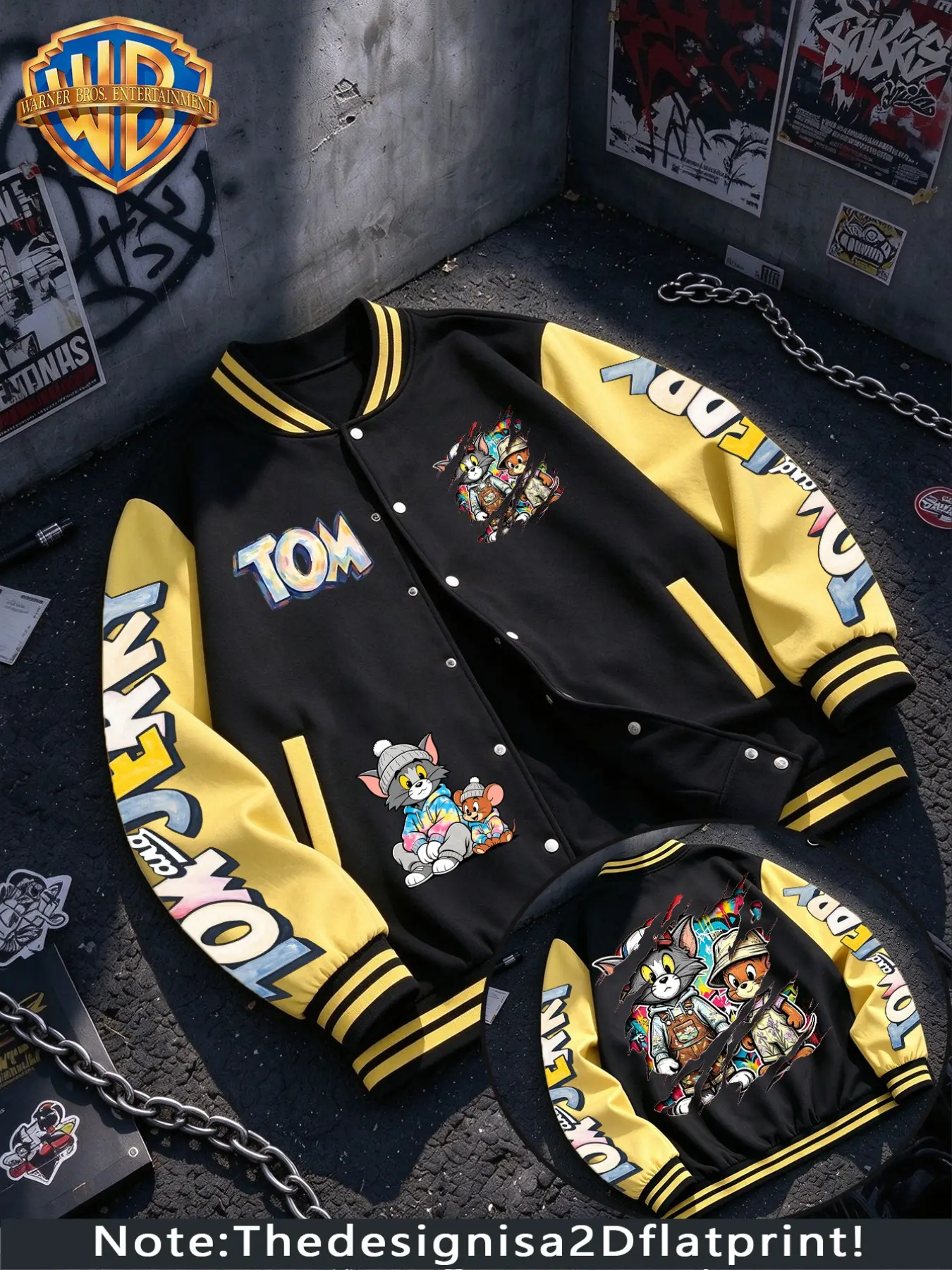 Official Warner Bros Tom and Jerry Ripped Graffiti Cartoon Print Varsity Jacket, Vintage American Color Block Baseball Coat, Street Trend Top, Warm Fleece Lined Autumn Winter Outfit, Great for Sports, Outdoor, Trip & Hiking, Perfect for Daily Commute & Ho