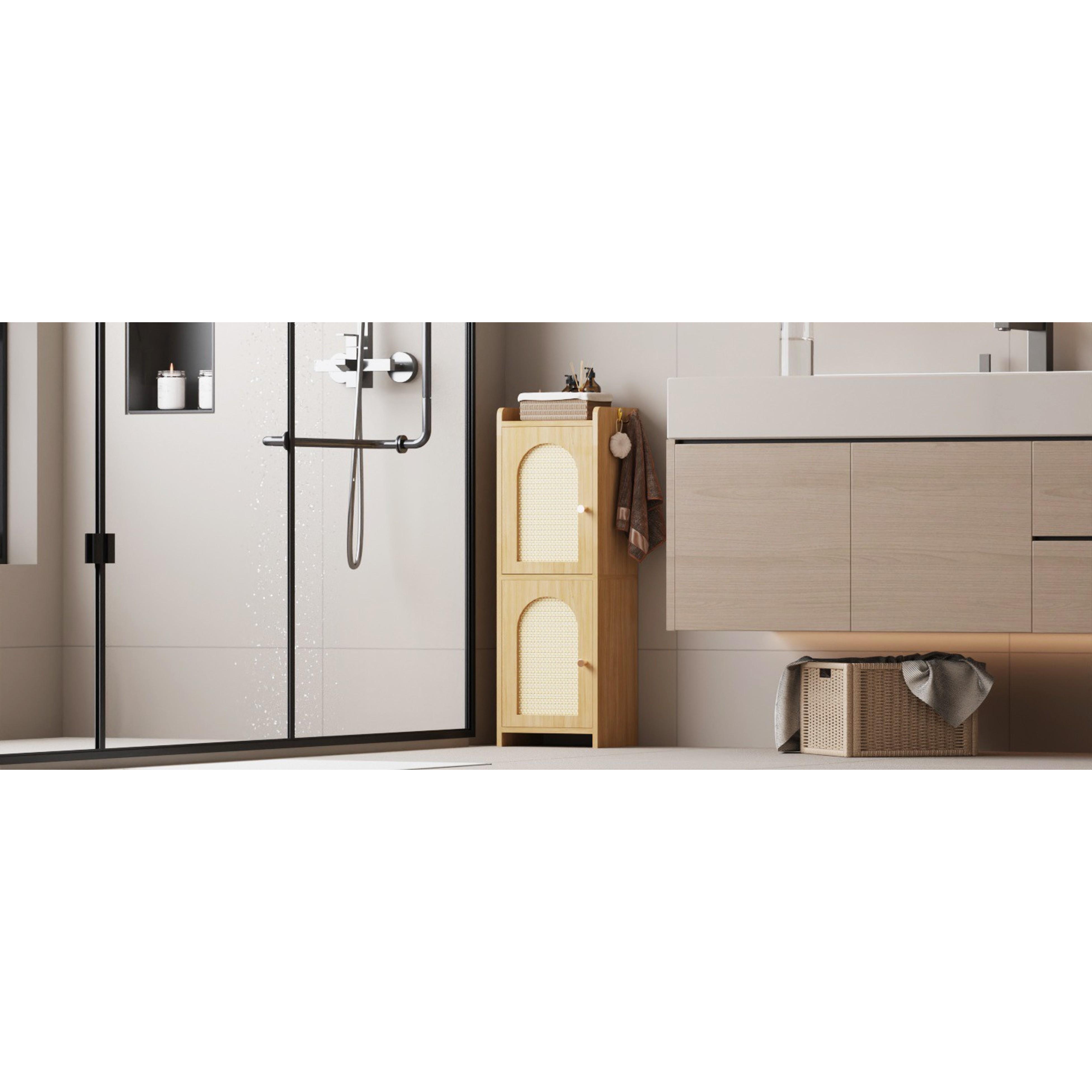 Rattan Bathroom Storage Cabinet with 2 Doors and Adjustable Shelf | Oak Corner Floor Cabinet, Narrow Toilet Paper Cabinets with 2Hooks, Toilet Organizer for Small Spaces, 7.87"D*9.84"W*29.72"H