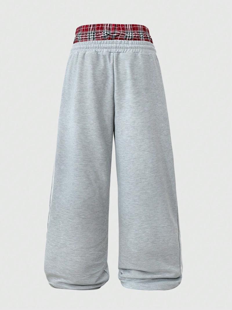 Men's Baggy Sweatpants High Waisted with Plaid Waistband, Trendy Wide Leg Lounge Pants, Casual Streetwear Joggers with Side Stripes