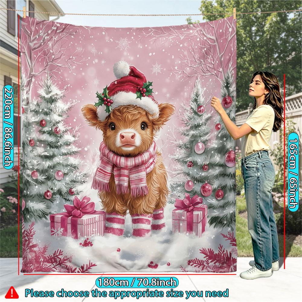 1 Pack Scarf Wearing Highland Cow Christmas Flannel Blanket, Soft Warm Throw for Couch, Car, Office, Camping X‑mas Gift