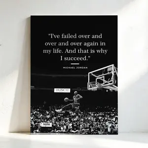 Framed Canvas Wall Art, Michael Jordan Inspirational Quote Basketball Poster, Black and White Dunk Print, Motivational Sports Wall Decor for Living Room Bedroom, Ready to Hang Wooden Framed Artwork, Gift for Basketball Fans