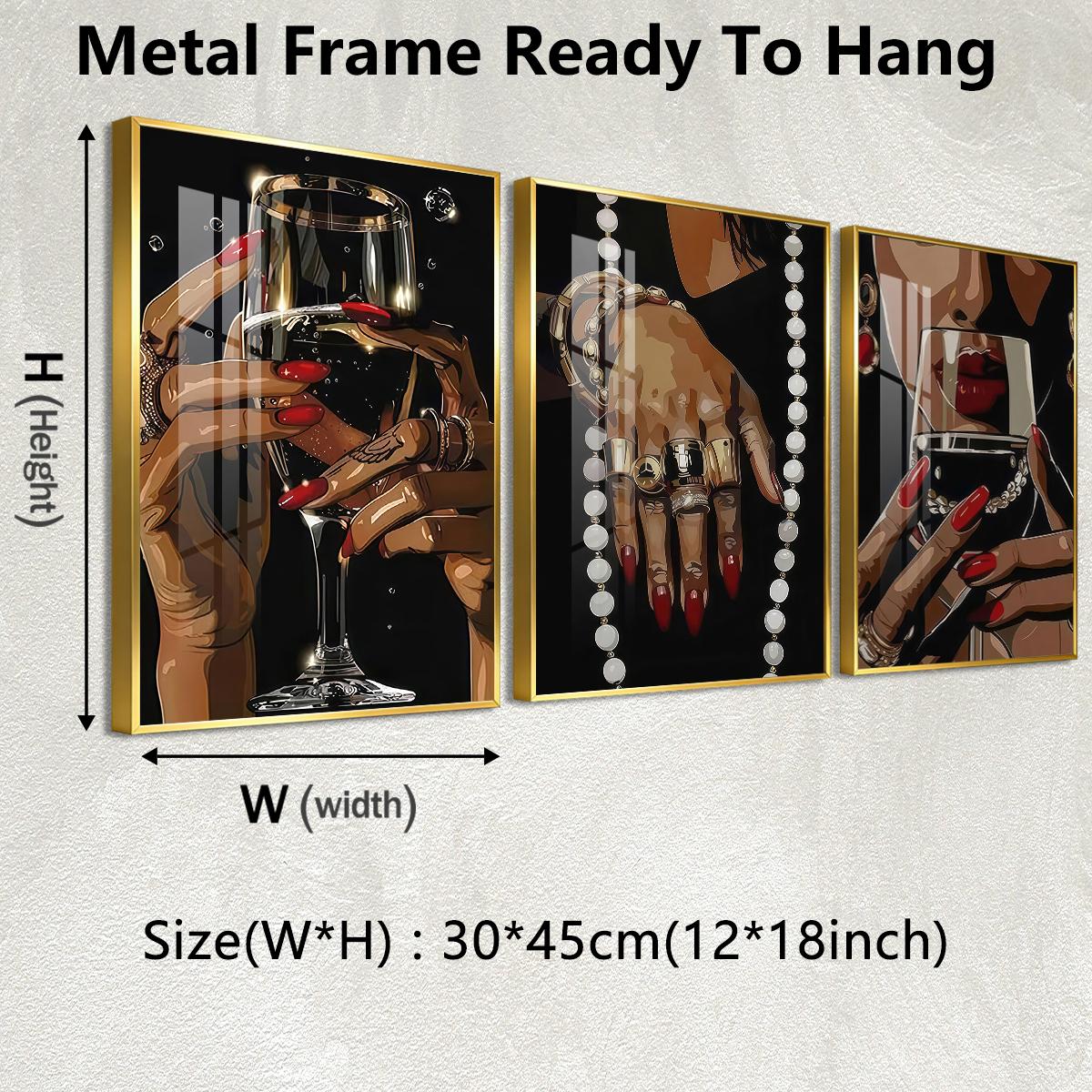 3 Counts Aluminum Alloy Framed Painting, Elegant Woman Hands With Wine Glass And Jewelry Pictures, Home Decoration For Living Room, Bedroom, Office, Restaurant, Hallway Wall Decor, Odorless Print Artwork, Luxury Perfect Gift For Friends And Family