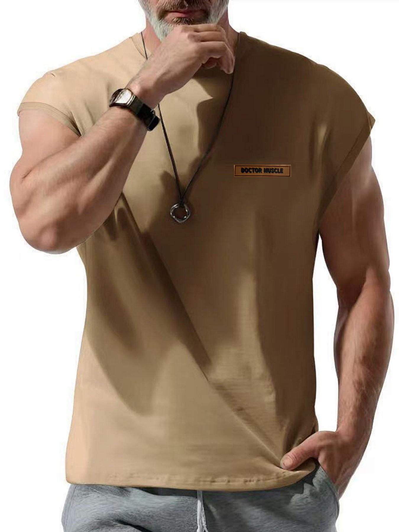 Men's Casual Round Neck Muscle Tank Top, Breathable Summer Sports Shirt with Leather Patch Details, Comfortable and Stylish